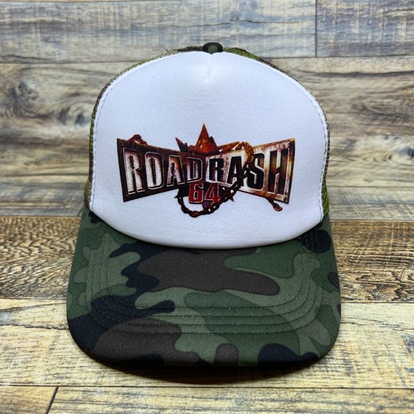 Road Rash 64 Mens Trucker Hat Camo Snapback Motorcycle 90s Video Game Retro Cap - Picture 2 of 8